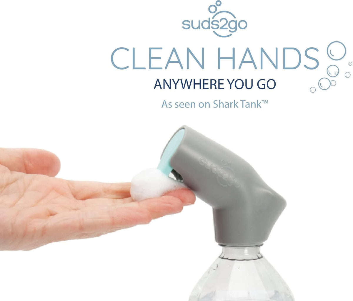 Suds2Go Refillable Caps, 2 Pack - Universal Fit Turns Most Disposable Water Bottles Into A Hand Washing Station - Includes Refillable Soap Reservoir - Conveniently Sized to Take on The Go