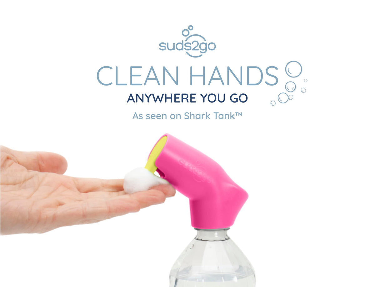 Suds2Go Refillable Caps, 2 Pack - Universal Fit Turns Most Disposable Water Bottles Into A Hand Washing Station - Includes Refillable Soap Reservoir - Conveniently Sized to Take on The Go