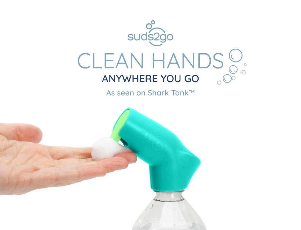 Suds2Go Refillable Caps, 2 Pack - Universal Fit Turns Most Disposable Water Bottles Into A Hand Washing Station - Includes Refillable Soap Reservoir - Conveniently Sized to Take on The Go