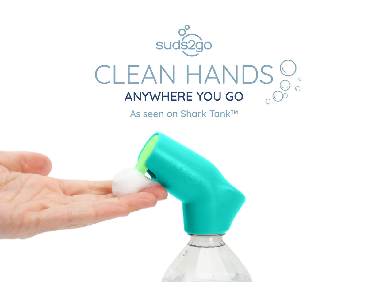 Suds2Go Refillable Caps, 2 Pack - Universal Fit Turns Most Disposable Water Bottles Into A Hand Washing Station - Includes Refillable Soap Reservoir - Conveniently Sized to Take on The Go