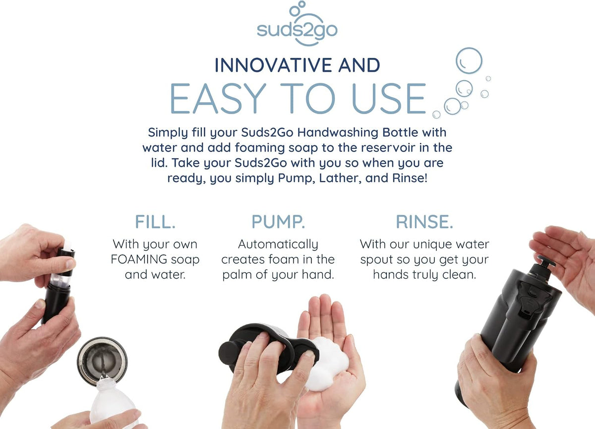 Suds2Go Stainless Steel Water Bottle and Portable Hand Washing Station, Insulated Leakproof Bottle with Foam Dispenser for Outdoor Use, As Seen on Shark Tank