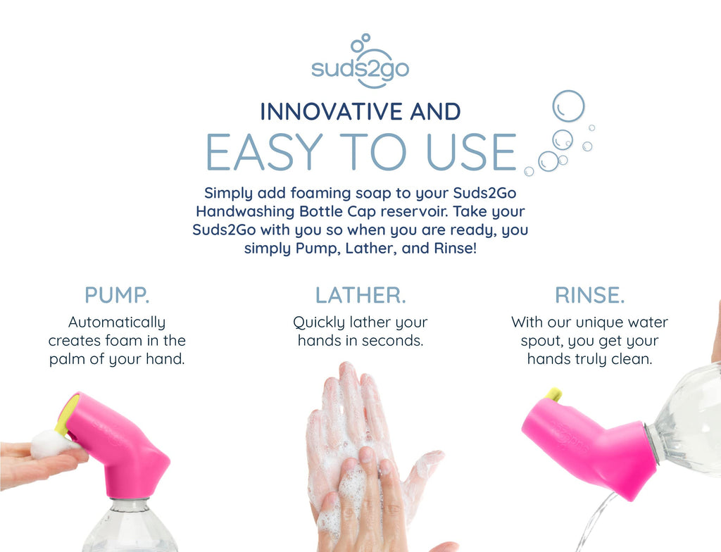 Suds2Go Refillable Caps, 2 Pack - Universal Fit Turns Most Disposable Water Bottles Into A Hand Washing Station - Includes Refillable Soap Reservoir - Conveniently Sized to Take on The Go