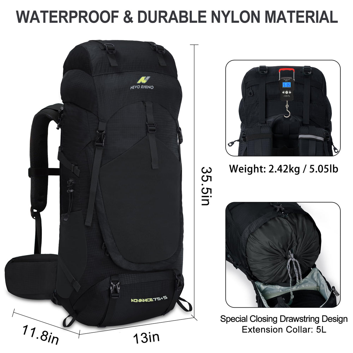 N NEVO RHINO Internal Frame Hiking Backpack 50/60/65/70/80L with Rain Cover
