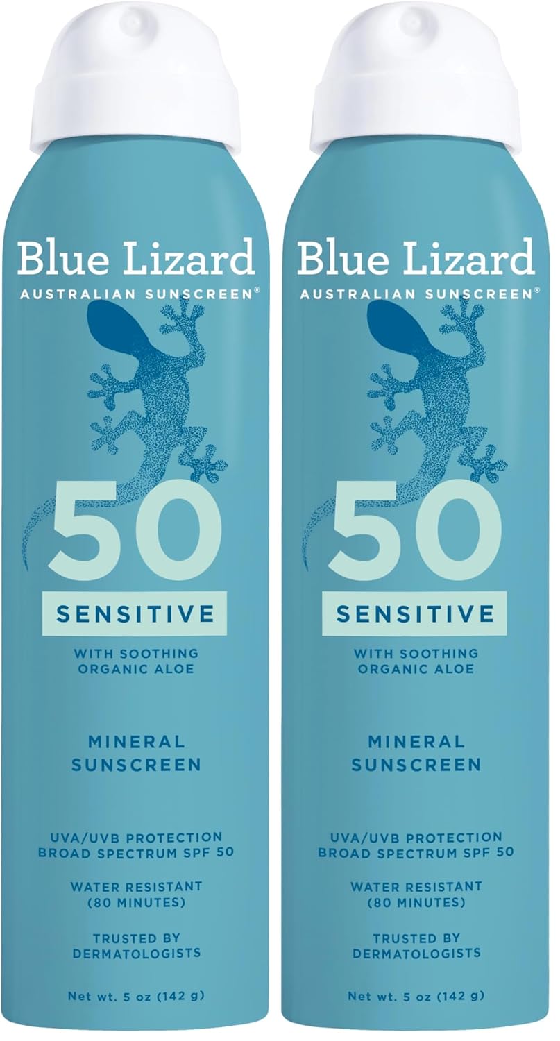 Blue Lizard Sensitive Mineral SPF 50 Sunscreen Lotion, 100% Mineral Sunscreen, UVA/UVB Protection, Infused with organic Aloe Vera, Soothes and Hydrates, 5 fl oz
