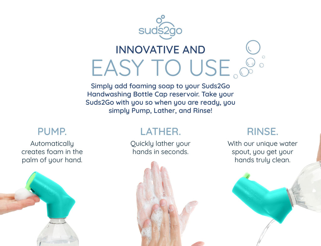 Suds2Go Refillable Caps, 2 Pack - Universal Fit Turns Most Disposable Water Bottles Into A Hand Washing Station - Includes Refillable Soap Reservoir - Conveniently Sized to Take on The Go