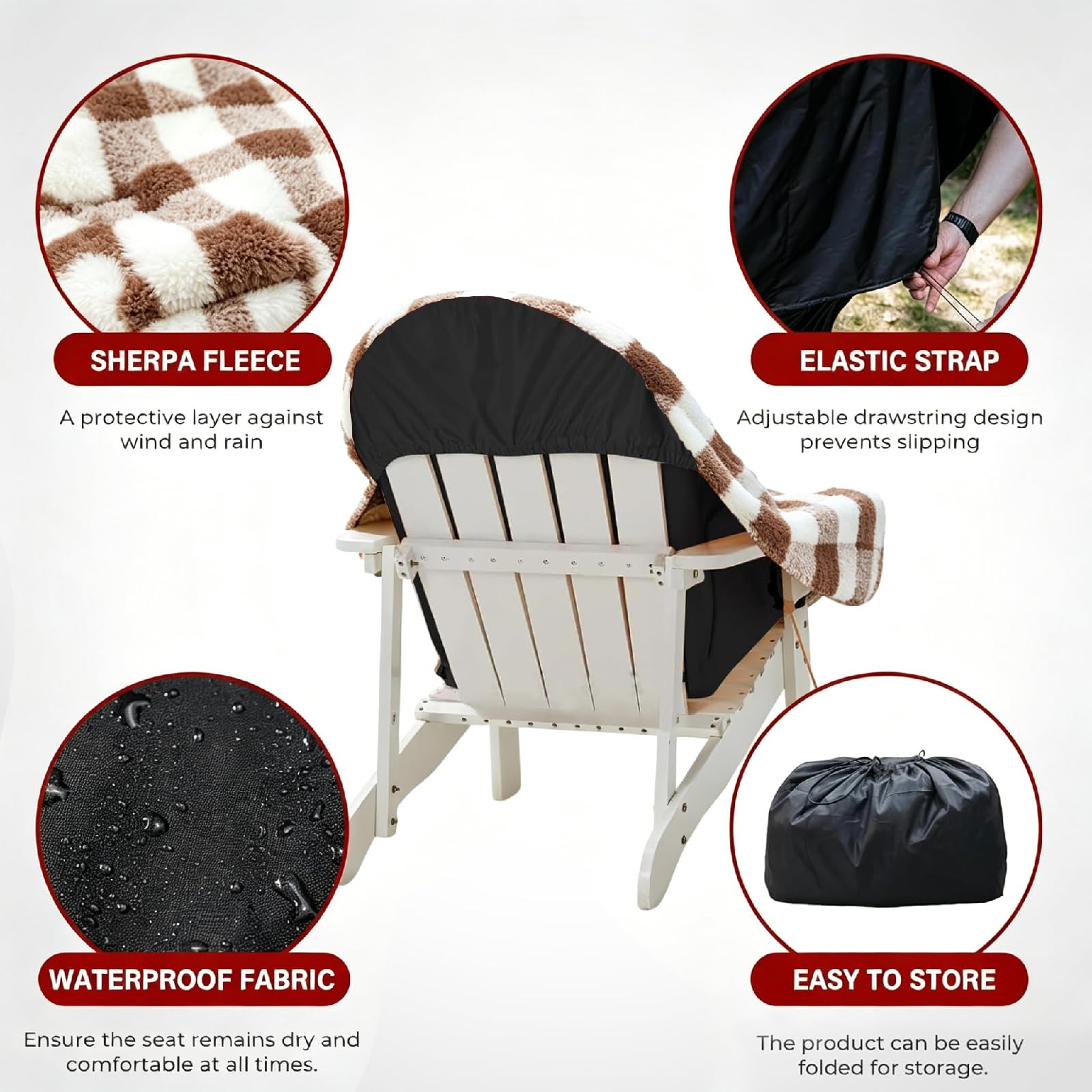 Waterproof Double Sided Chair Blanket, Cozy Sherpa Camping Blanket, Folding Outdoor Chair Covers for Patio, Lawn, Bonfire, Pool & Office Chairs, Red