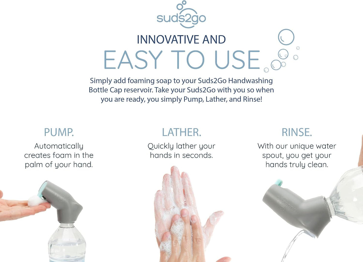 Suds2Go Refillable Caps, 2 Pack - Universal Fit Turns Most Disposable Water Bottles Into A Hand Washing Station - Includes Refillable Soap Reservoir - Conveniently Sized to Take on The Go