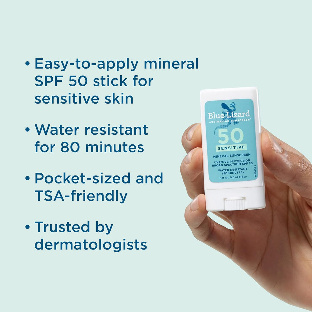 Blue Lizard Sensitive Mineral SPF 50 Sunscreen Lotion, 100% Mineral Sunscreen, UVA/UVB Protection, Infused with organic Aloe Vera, Soothes and Hydrates, 5 fl oz