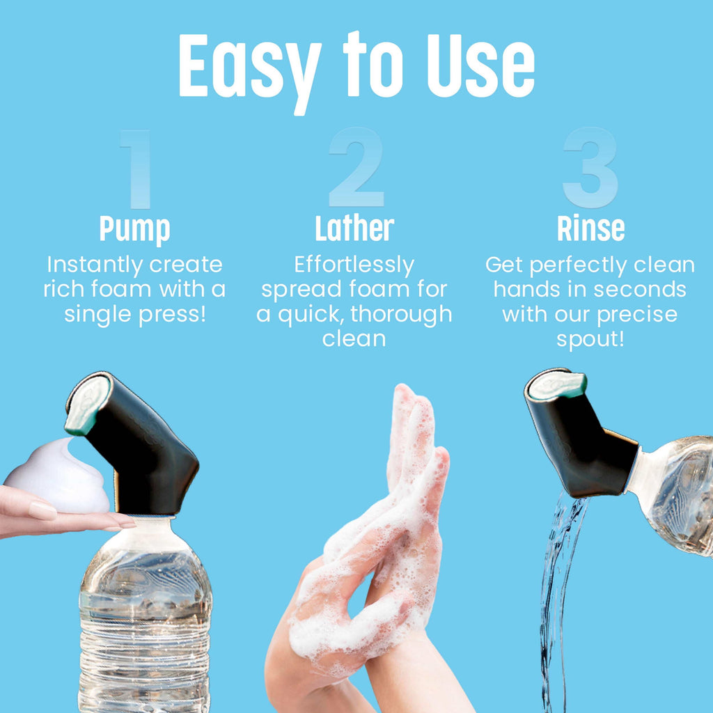 Suds2Go Refillable Caps, 2 Pack - Universal Fit Turns Most Disposable Water Bottles Into A Hand Washing Station - Includes Refillable Soap Reservoir - Conveniently Sized to Take on The Go