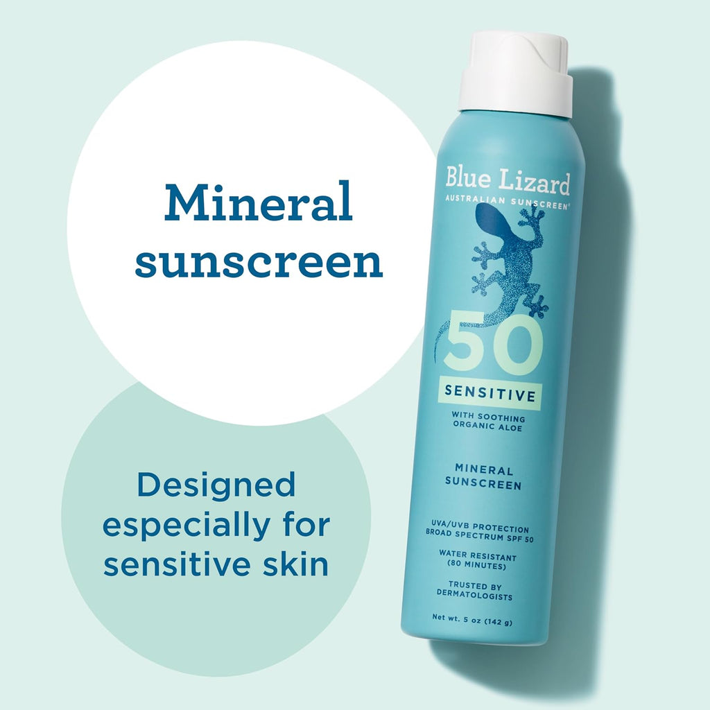 Blue Lizard Sensitive Mineral SPF 50 Sunscreen Lotion, 100% Mineral Sunscreen, UVA/UVB Protection, Infused with organic Aloe Vera, Soothes and Hydrates, 5 fl oz