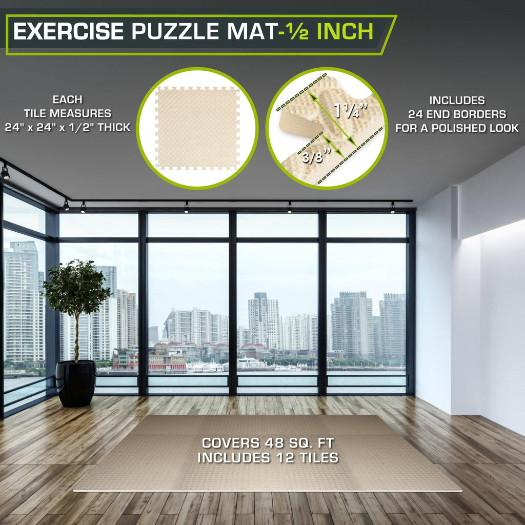 ProsourceFit Exercise Puzzle Mat ½-inch, EVA Interlocking Foam Floor Tiles for Home Gym, Workout Equipment, Kids Play Areas, Black, 48 SQ FT - 12 Tiles