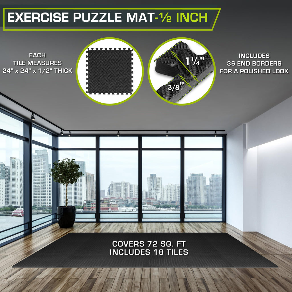 ProsourceFit Exercise Puzzle Mat ½-inch, EVA Interlocking Foam Floor Tiles for Home Gym, Workout Equipment, Kids Play Areas, Black, 48 SQ FT - 12 Tiles