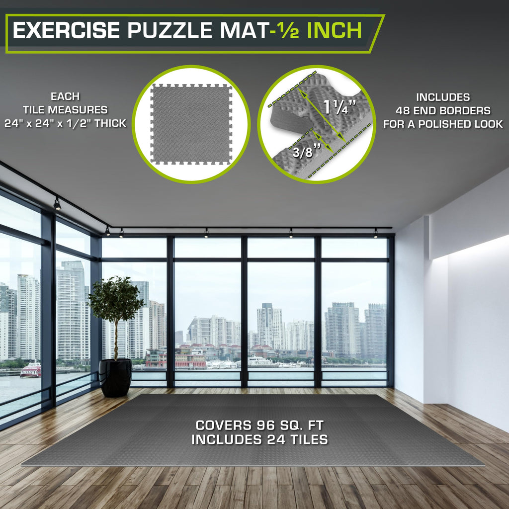ProsourceFit Exercise Puzzle Mat ½-inch, EVA Interlocking Foam Floor Tiles for Home Gym, Workout Equipment, Kids Play Areas, Black, 48 SQ FT - 12 Tiles