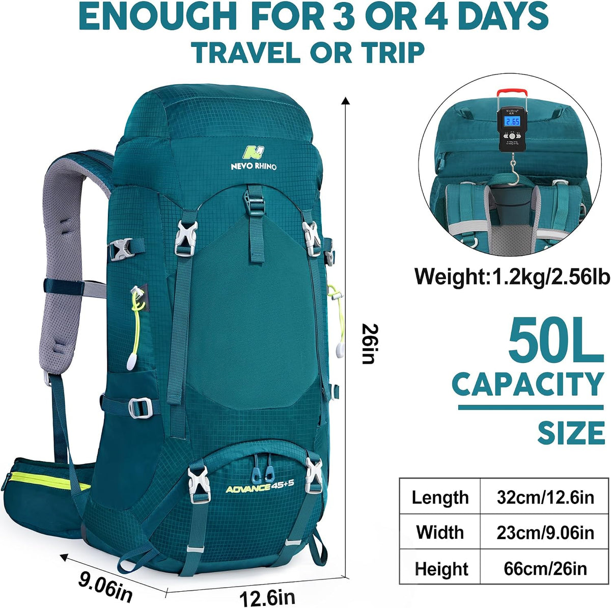 N NEVO RHINO Internal Frame Hiking Backpack 50/60/65/70/80L with Rain Cover