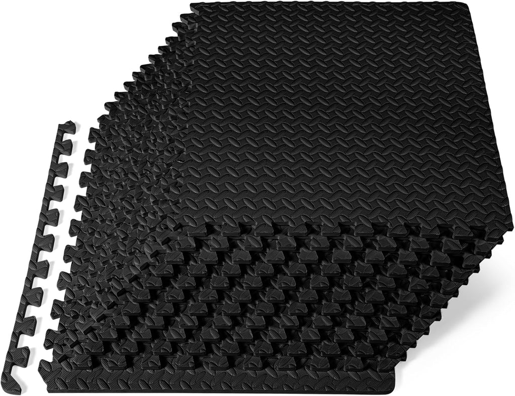 ProsourceFit Exercise Puzzle Mat ½-inch, EVA Interlocking Foam Floor Tiles for Home Gym, Workout Equipment, Kids Play Areas, Black, 48 SQ FT - 12 Tiles