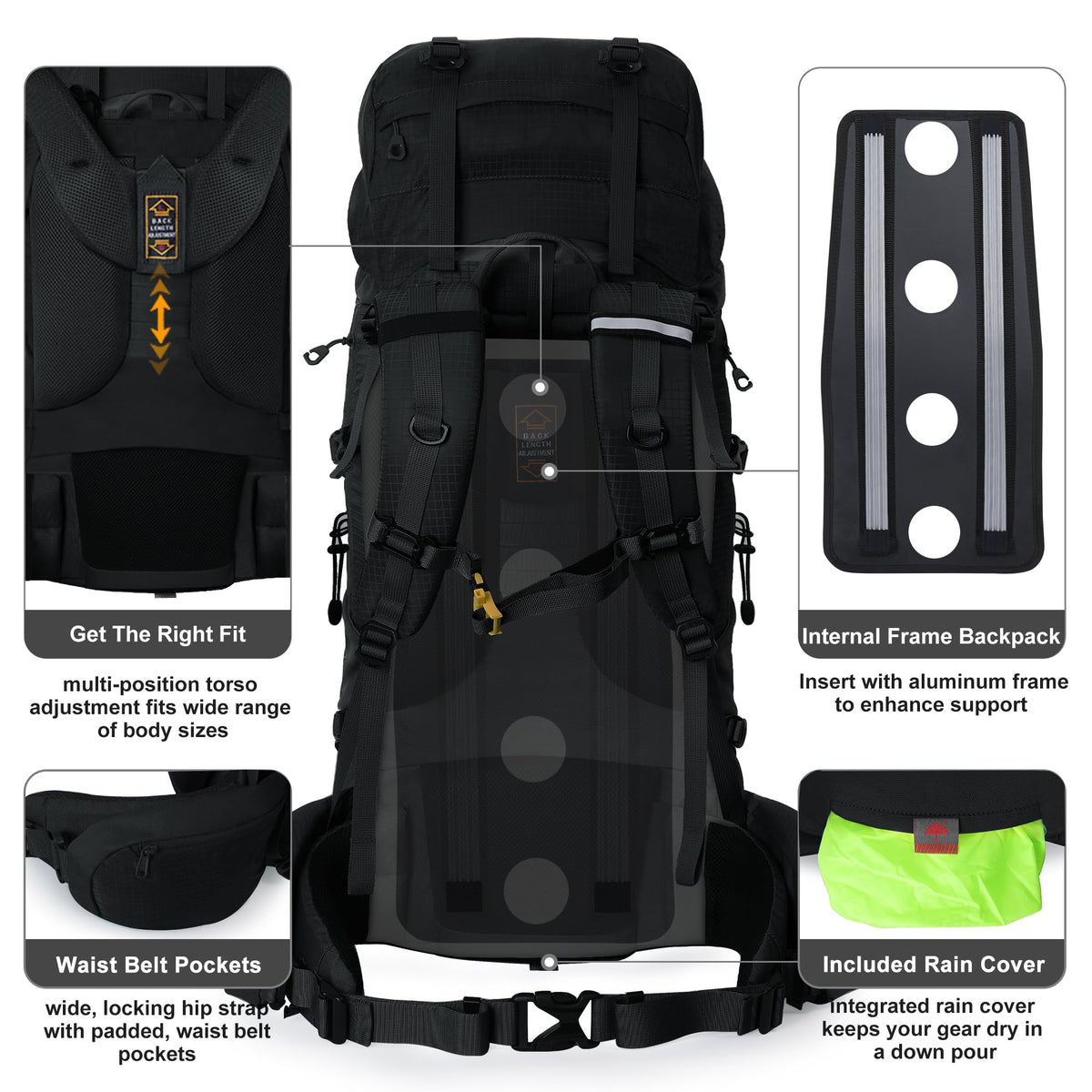 N NEVO RHINO Internal Frame Hiking Backpack 50/60/65/70/80L with Rain Cover