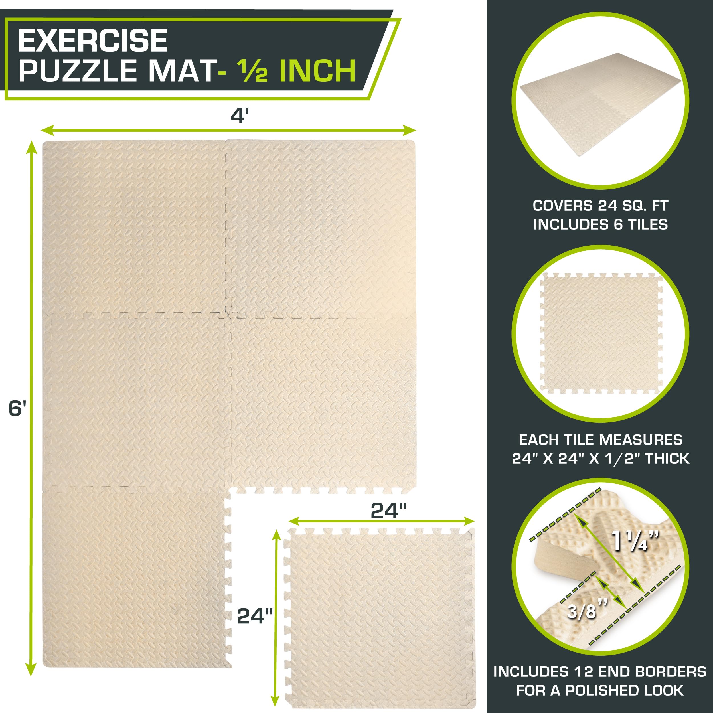 ProsourceFit Exercise Puzzle Mat ½-inch, EVA Interlocking Foam Floor Tiles for Home Gym, Workout Equipment, Kids Play Areas, Black, 48 SQ FT - 12 Tiles