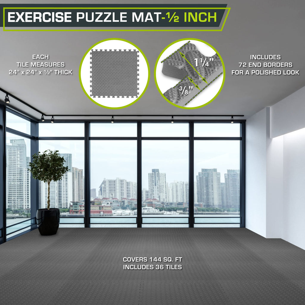 ProsourceFit Exercise Puzzle Mat ½-inch, EVA Interlocking Foam Floor Tiles for Home Gym, Workout Equipment, Kids Play Areas, Black, 48 SQ FT - 12 Tiles
