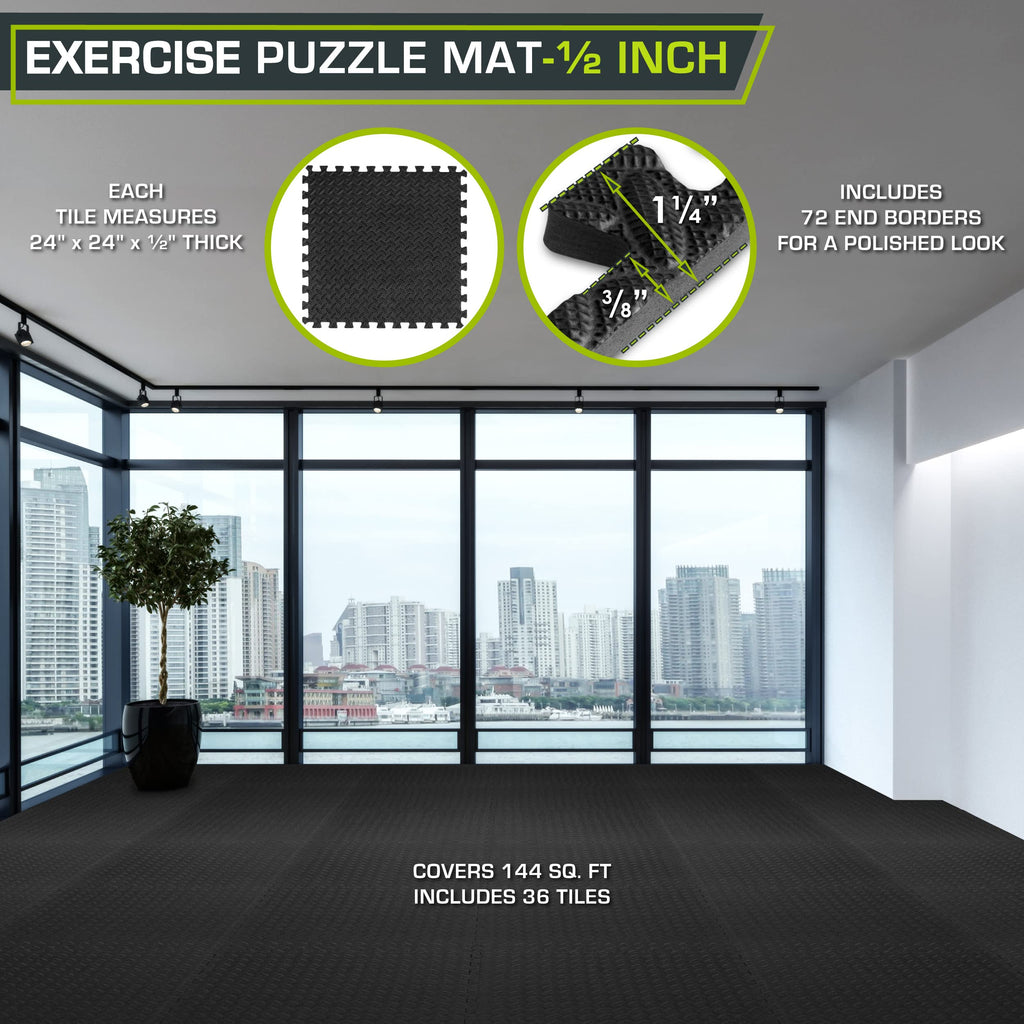 ProsourceFit Exercise Puzzle Mat ½-inch, EVA Interlocking Foam Floor Tiles for Home Gym, Workout Equipment, Kids Play Areas, Black, 48 SQ FT - 12 Tiles