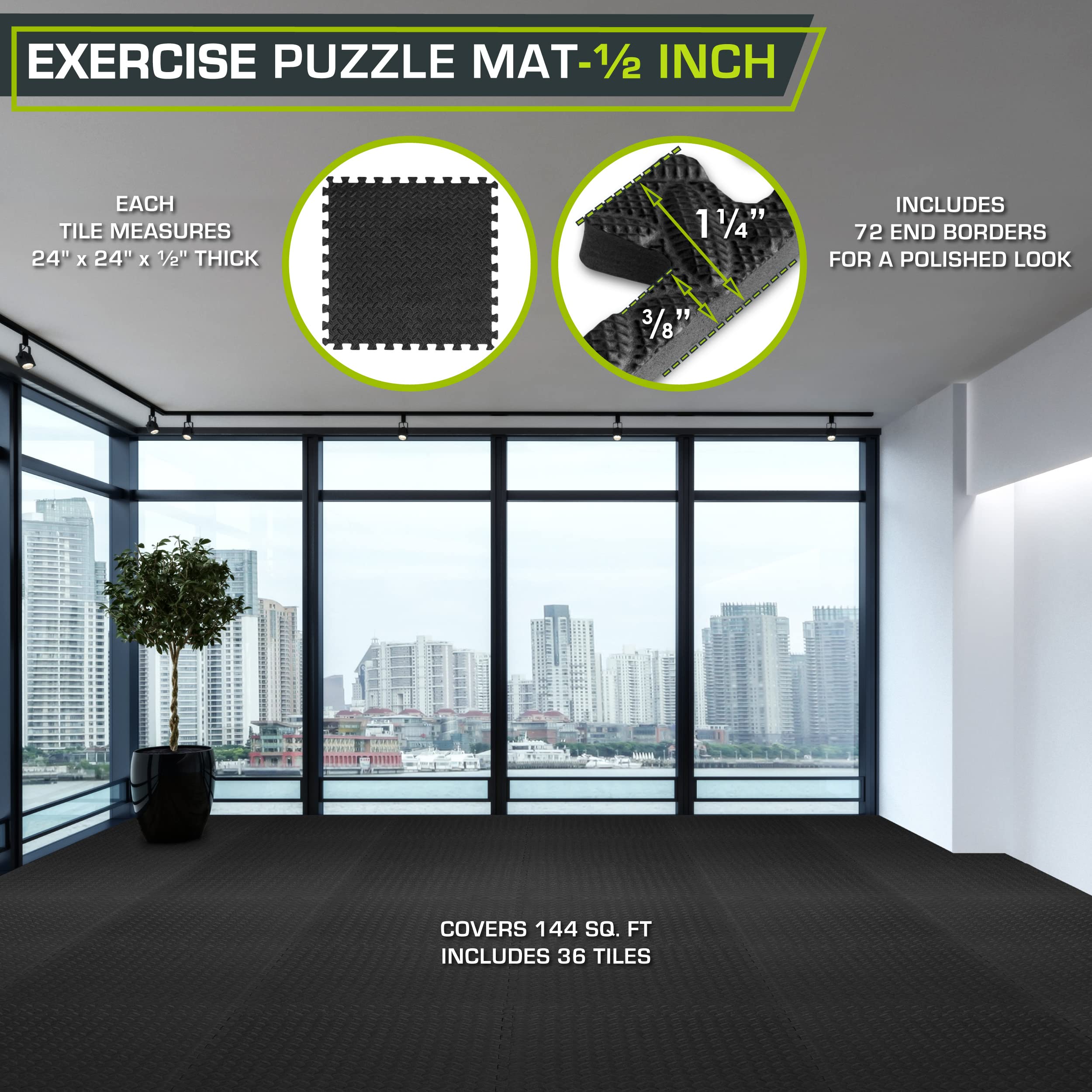 ProsourceFit Exercise Puzzle Mat ½-inch, EVA Interlocking Foam Floor Tiles for Home Gym, Workout Equipment, Kids Play Areas, Black, 48 SQ FT - 12 Tiles