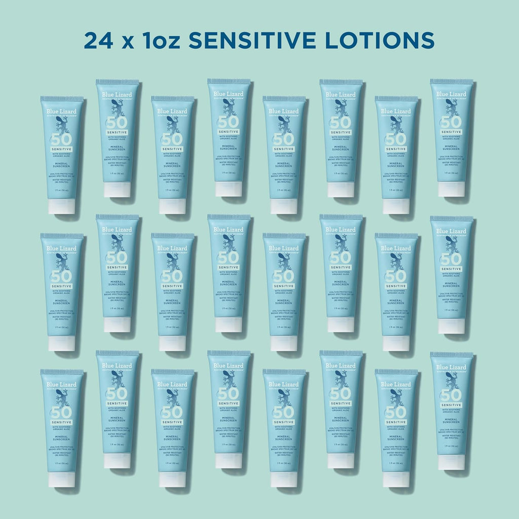 Blue Lizard Sensitive Mineral SPF 50 Sunscreen Lotion, 100% Mineral Sunscreen, UVA/UVB Protection, Infused with organic Aloe Vera, Soothes and Hydrates, 5 fl oz