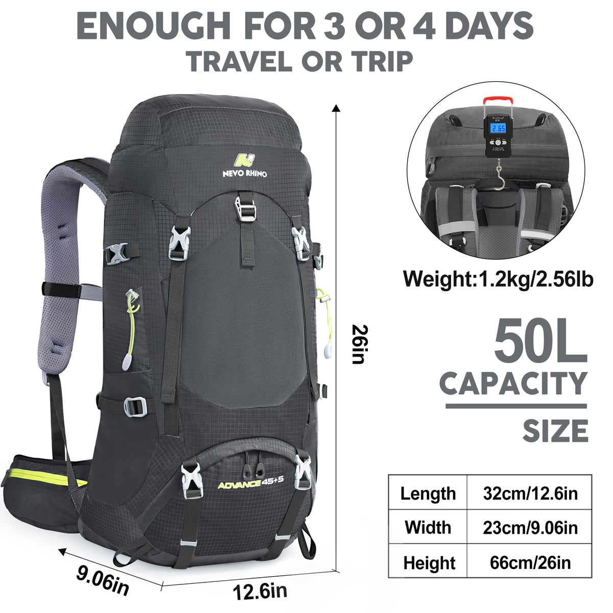 N NEVO RHINO Internal Frame Hiking Backpack 50/60/65/70/80L with Rain Cover