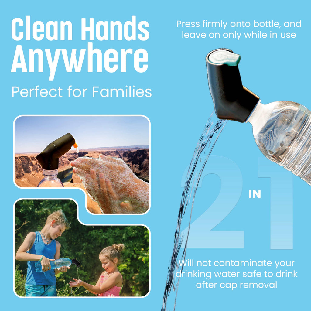 Suds2Go Refillable Caps, 2 Pack - Universal Fit Turns Most Disposable Water Bottles Into A Hand Washing Station - Includes Refillable Soap Reservoir - Conveniently Sized to Take on The Go