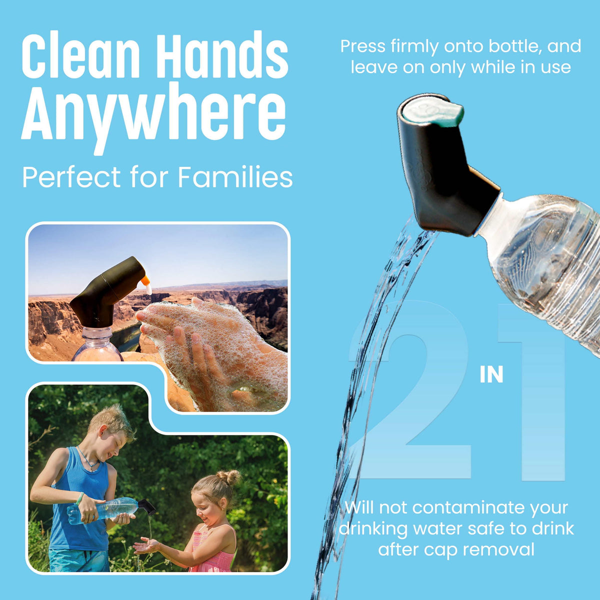 Suds2Go Refillable Caps, 2 Pack - Universal Fit Turns Most Disposable Water Bottles Into A Hand Washing Station - Includes Refillable Soap Reservoir - Conveniently Sized to Take on The Go