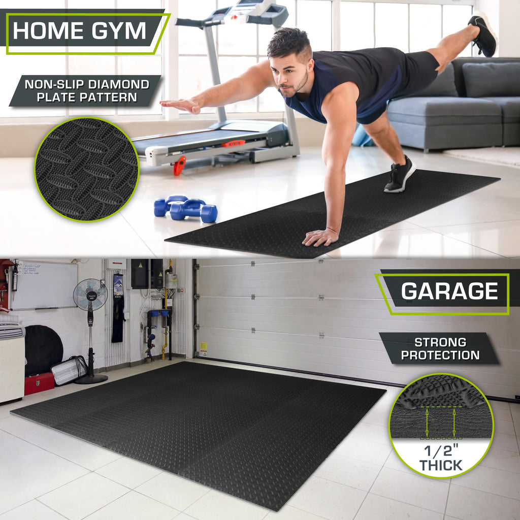 ProsourceFit Exercise Puzzle Mat ½-inch, EVA Interlocking Foam Floor Tiles for Home Gym, Workout Equipment, Kids Play Areas, Black, 48 SQ FT - 12 Tiles