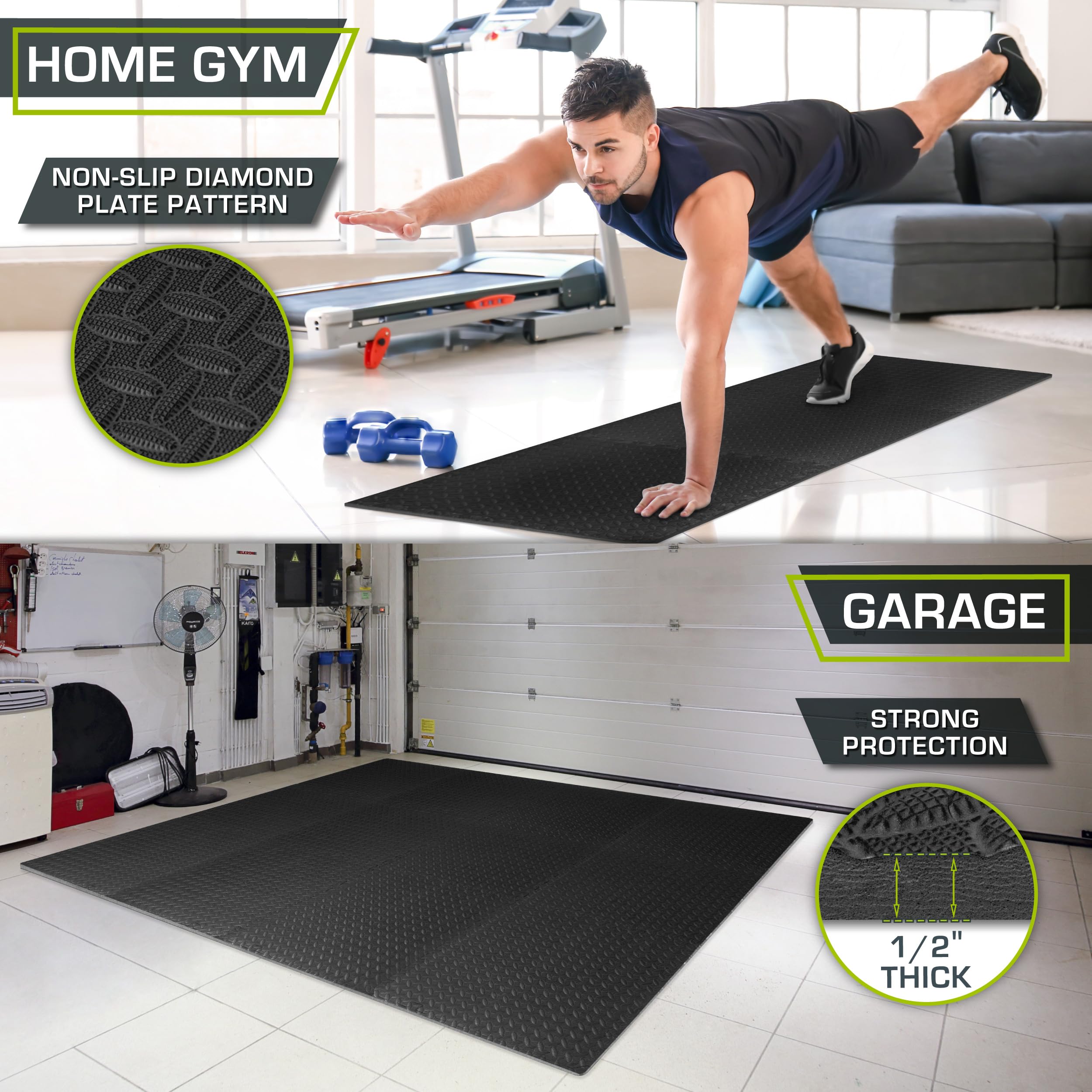 ProsourceFit Exercise Puzzle Mat ½-inch, EVA Interlocking Foam Floor Tiles for Home Gym, Workout Equipment, Kids Play Areas, Black, 48 SQ FT - 12 Tiles