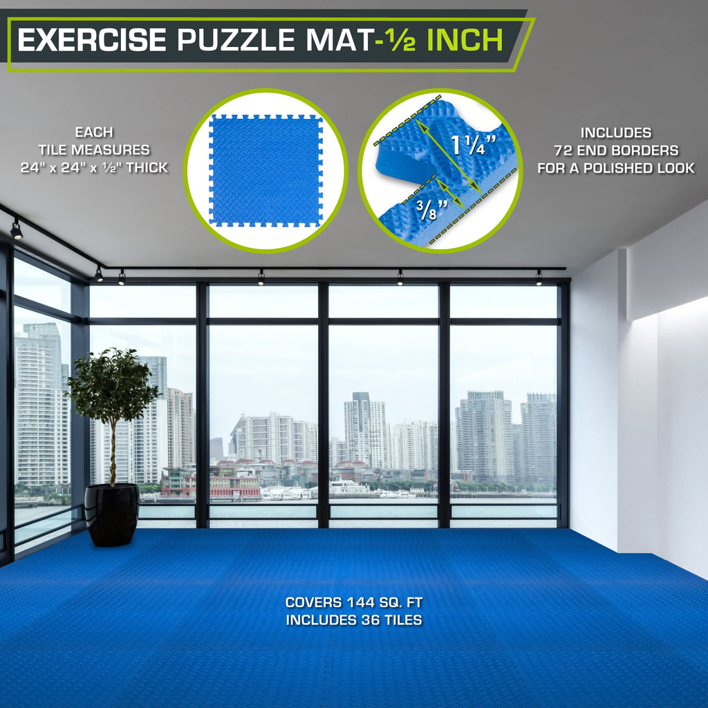 ProsourceFit Exercise Puzzle Mat ½-inch, EVA Interlocking Foam Floor Tiles for Home Gym, Workout Equipment, Kids Play Areas, Black, 48 SQ FT - 12 Tiles