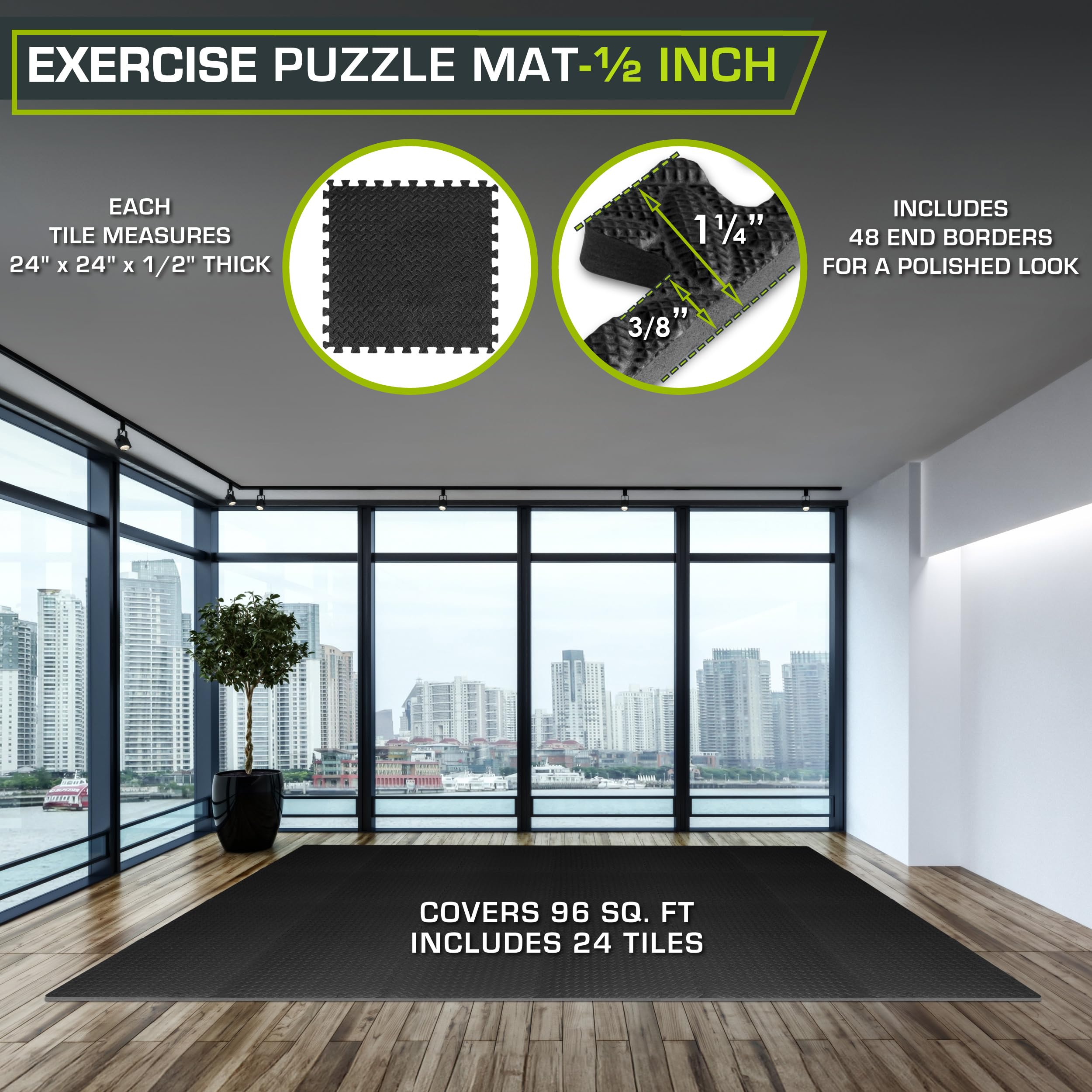 ProsourceFit Exercise Puzzle Mat ½-inch, EVA Interlocking Foam Floor Tiles for Home Gym, Workout Equipment, Kids Play Areas, Black, 48 SQ FT - 12 Tiles