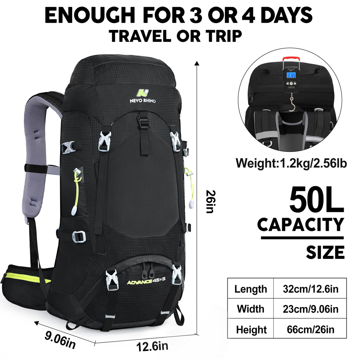 N NEVO RHINO Internal Frame Hiking Backpack 50/60/65/70/80L with Rain Cover