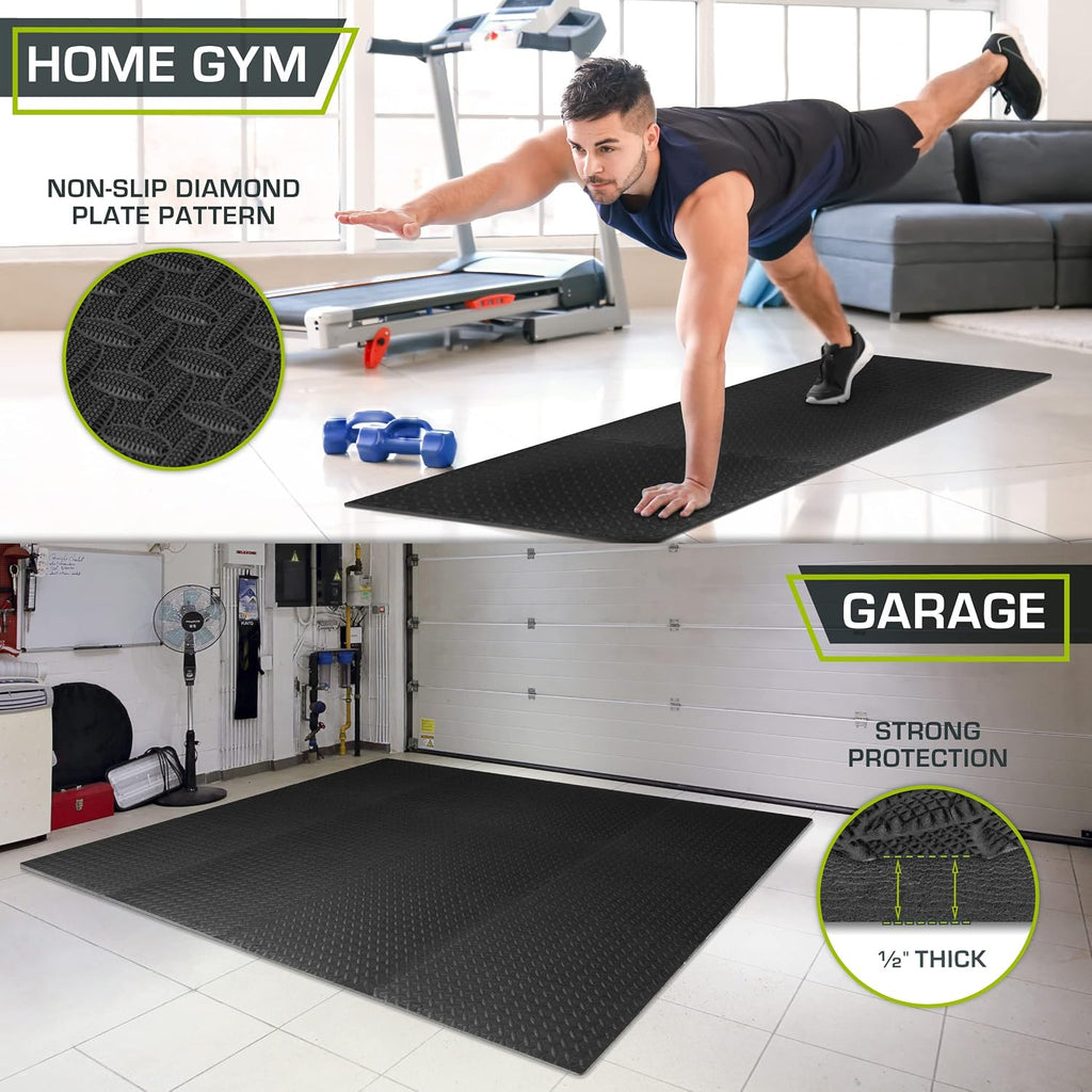 ProsourceFit Exercise Puzzle Mat ½-inch, EVA Interlocking Foam Floor Tiles for Home Gym, Workout Equipment, Kids Play Areas, Black, 48 SQ FT - 12 Tiles