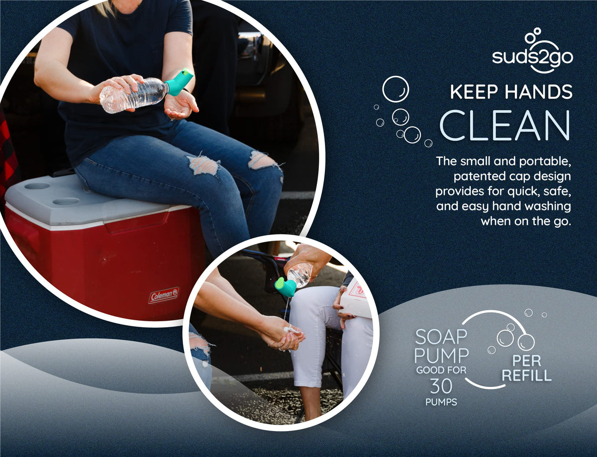 Suds2Go Refillable Caps, 2 Pack - Universal Fit Turns Most Disposable Water Bottles Into A Hand Washing Station - Includes Refillable Soap Reservoir - Conveniently Sized to Take on The Go