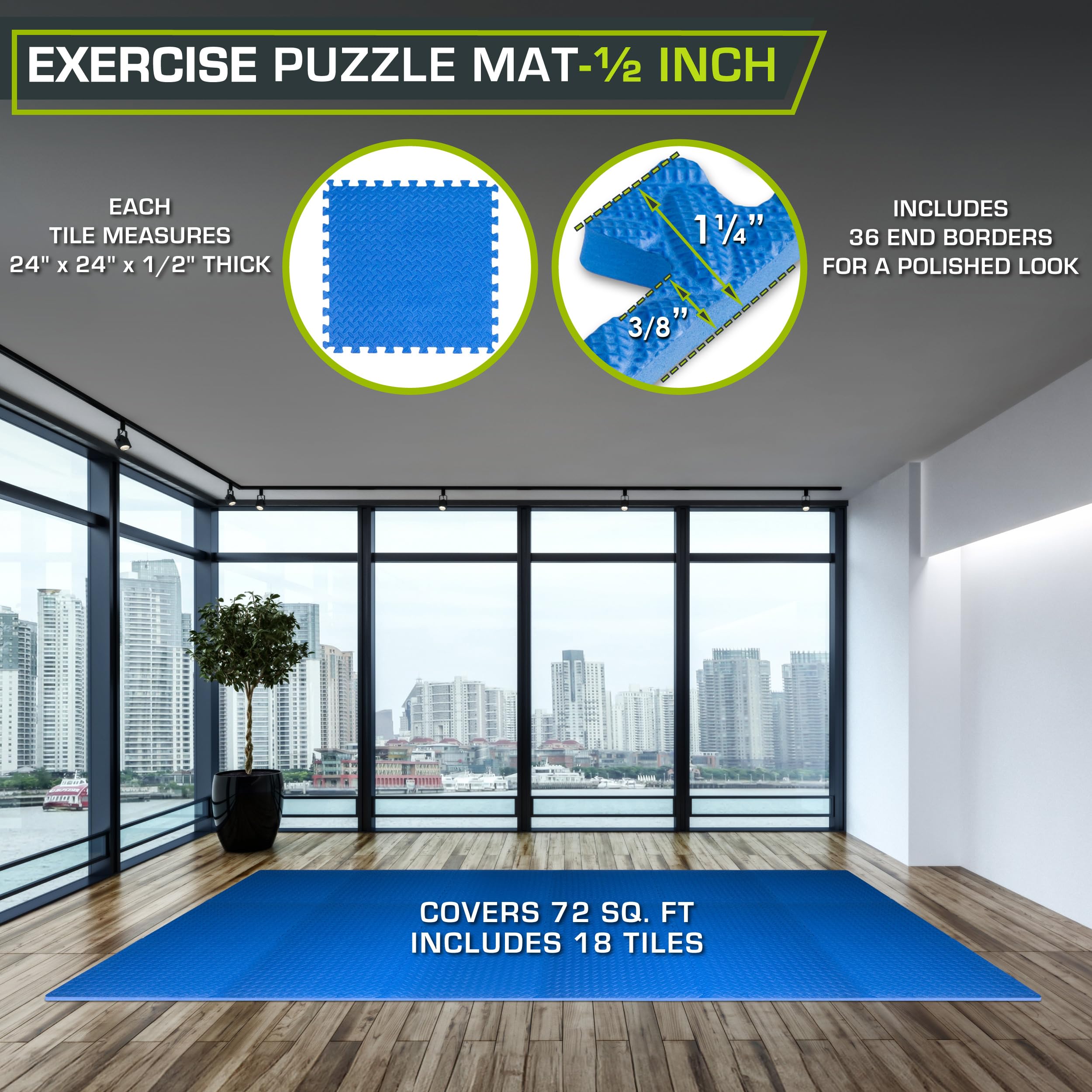 ProsourceFit Exercise Puzzle Mat ½-inch, EVA Interlocking Foam Floor Tiles for Home Gym, Workout Equipment, Kids Play Areas, Black, 48 SQ FT - 12 Tiles