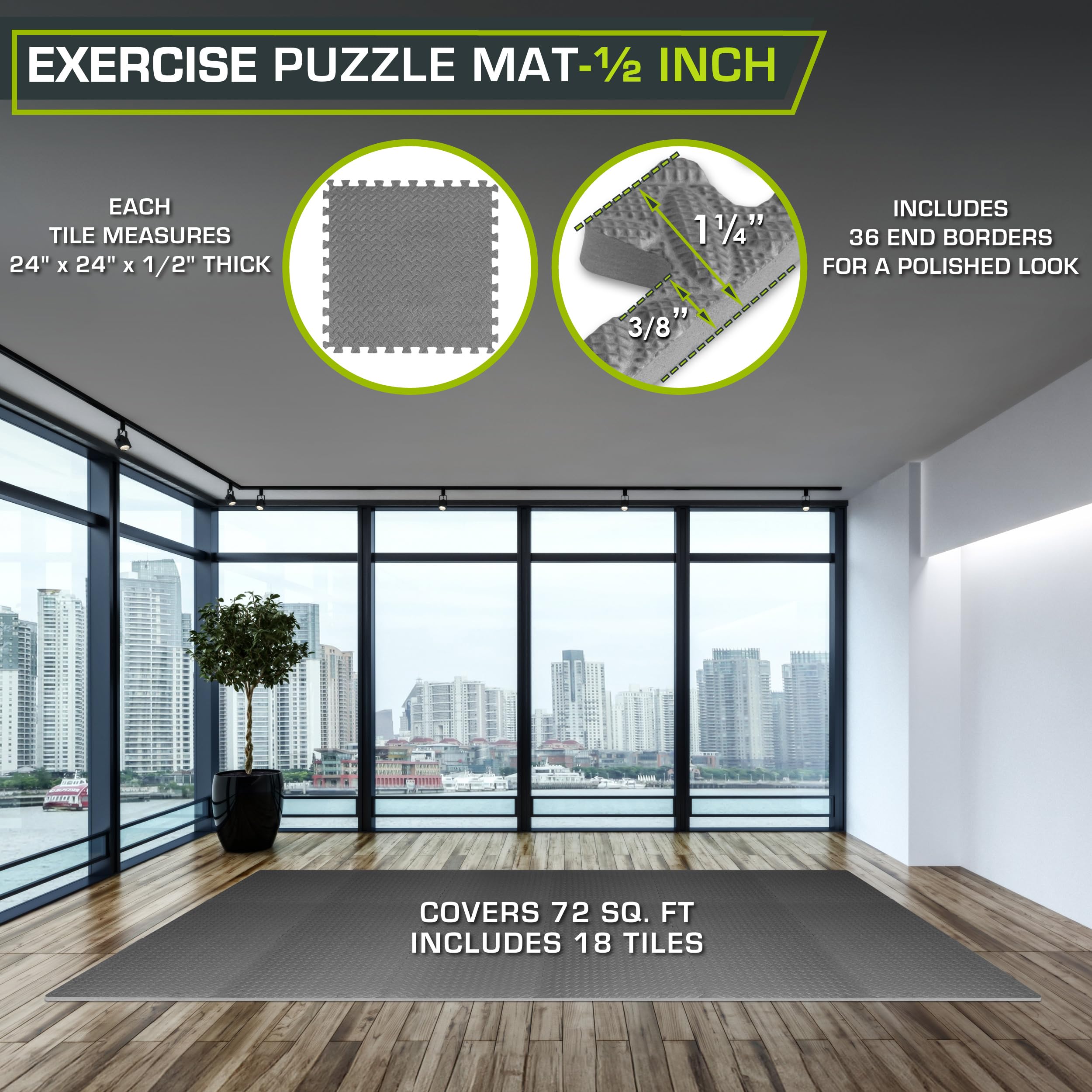 ProsourceFit Exercise Puzzle Mat ½-inch, EVA Interlocking Foam Floor Tiles for Home Gym, Workout Equipment, Kids Play Areas, Black, 48 SQ FT - 12 Tiles
