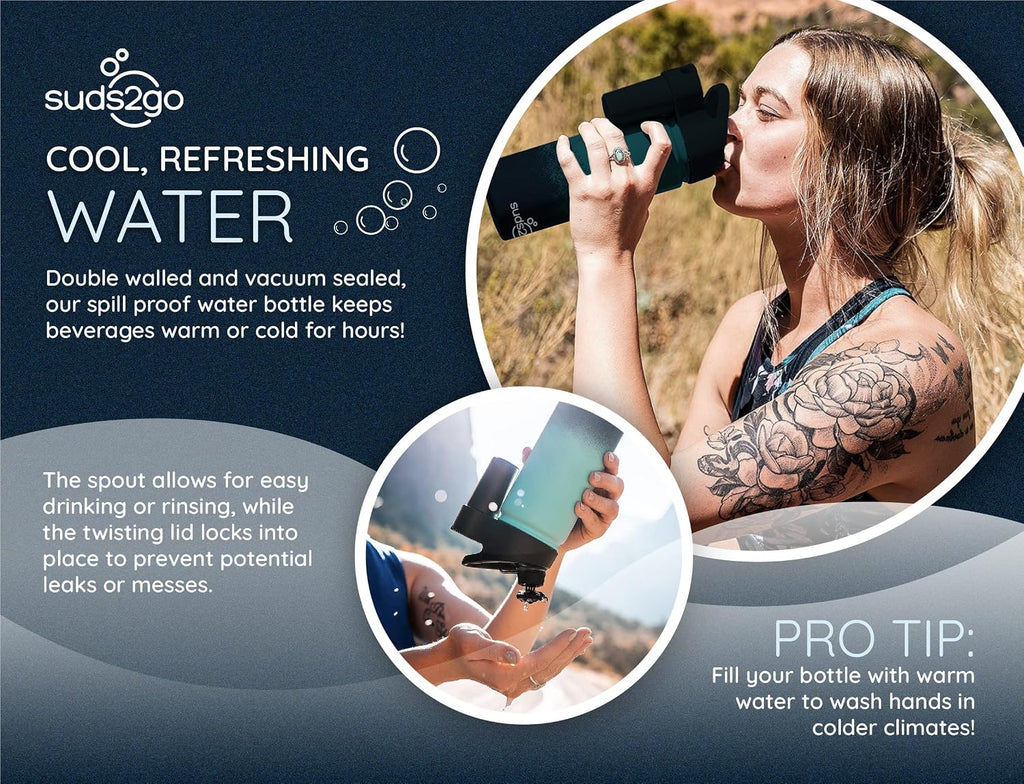 Suds2Go Stainless Steel Water Bottle and Portable Hand Washing Station, Insulated Leakproof Bottle with Foam Dispenser for Outdoor Use, As Seen on Shark Tank