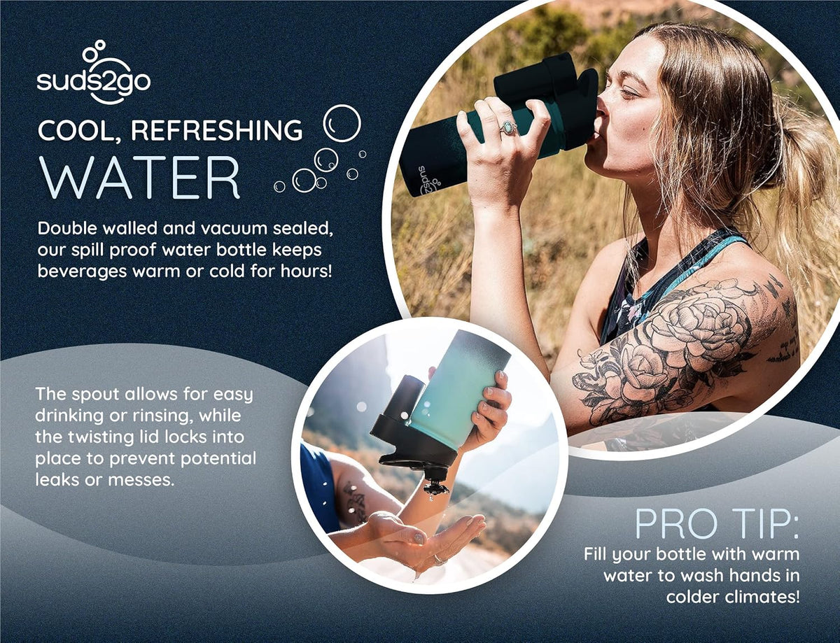 Suds2Go Stainless Steel Water Bottle and Portable Hand Washing Station, Insulated Leakproof Bottle with Foam Dispenser for Outdoor Use, As Seen on Shark Tank