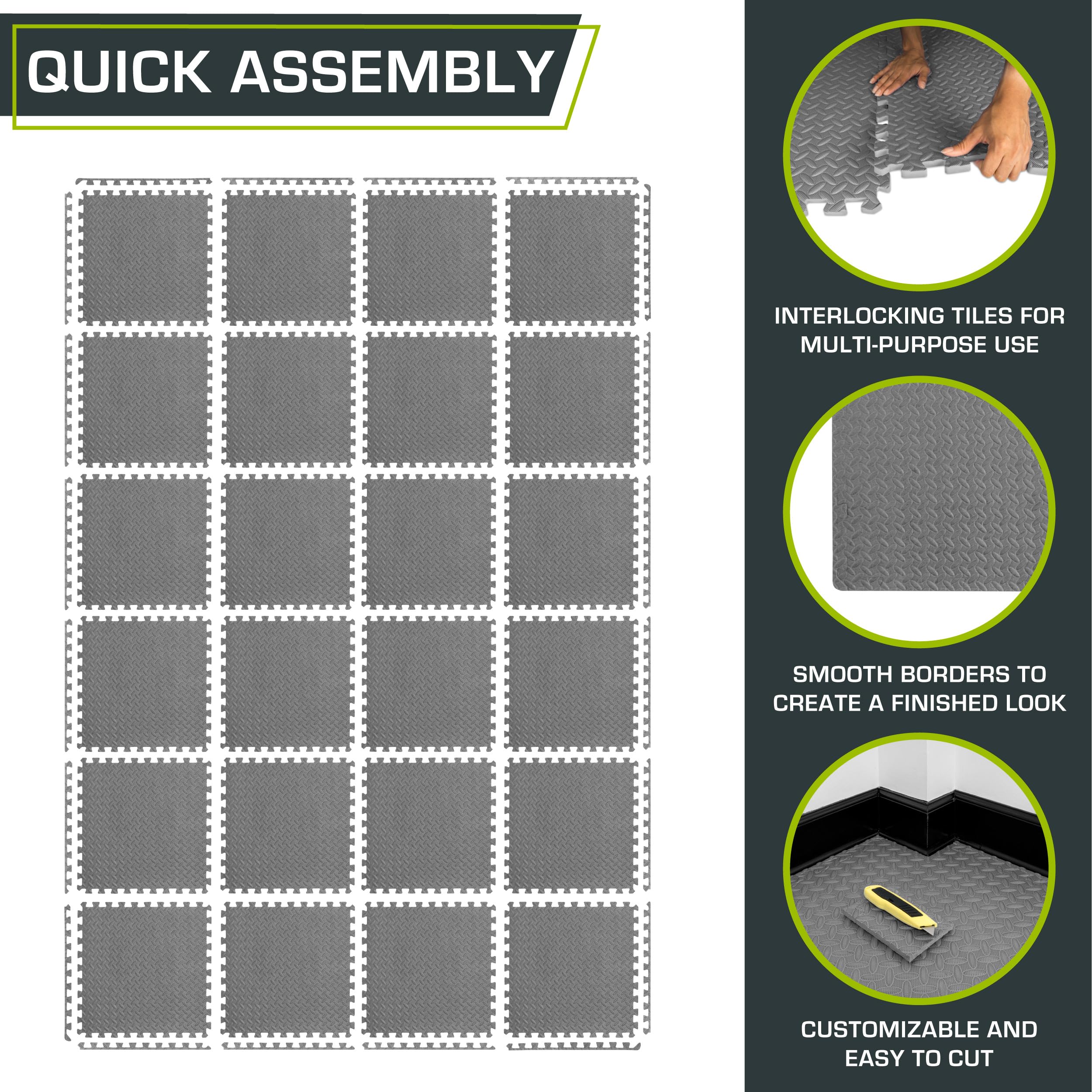 ProsourceFit Exercise Puzzle Mat ½-inch, EVA Interlocking Foam Floor Tiles for Home Gym, Workout Equipment, Kids Play Areas, Black, 48 SQ FT - 12 Tiles
