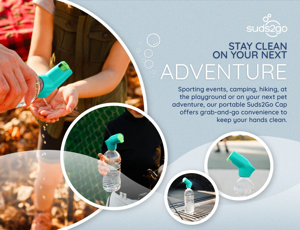Suds2Go Refillable Caps, 2 Pack - Universal Fit Turns Most Disposable Water Bottles Into A Hand Washing Station - Includes Refillable Soap Reservoir - Conveniently Sized to Take on The Go