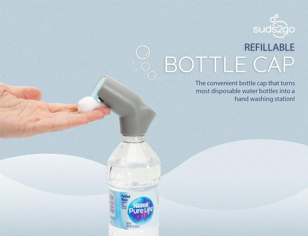 Suds2Go Refillable Caps, 2 Pack - Universal Fit Turns Most Disposable Water Bottles Into A Hand Washing Station - Includes Refillable Soap Reservoir - Conveniently Sized to Take on The Go