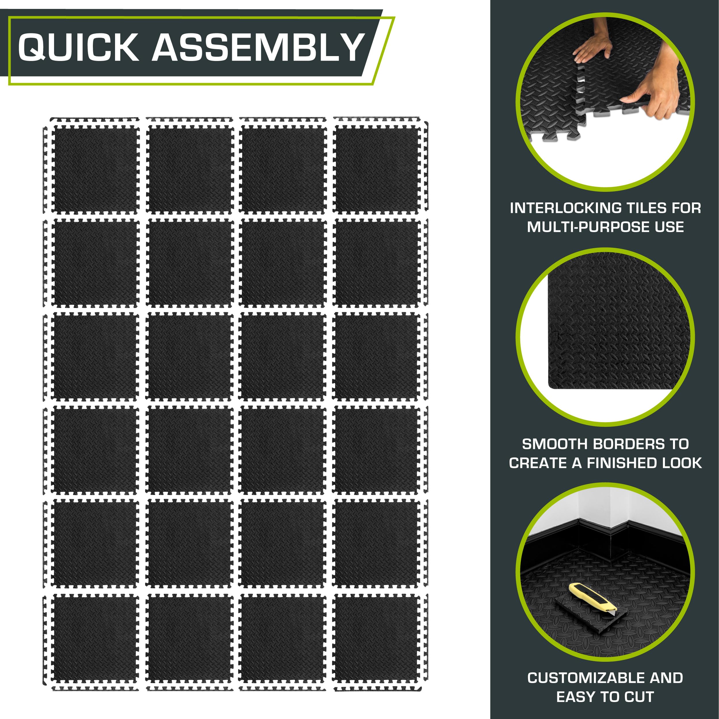 ProsourceFit Exercise Puzzle Mat ½-inch, EVA Interlocking Foam Floor Tiles for Home Gym, Workout Equipment, Kids Play Areas, Black, 48 SQ FT - 12 Tiles