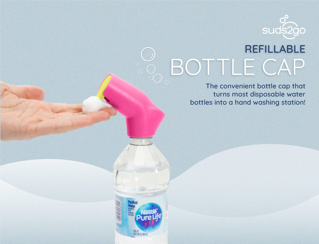 Suds2Go Refillable Caps, 2 Pack - Universal Fit Turns Most Disposable Water Bottles Into A Hand Washing Station - Includes Refillable Soap Reservoir - Conveniently Sized to Take on The Go