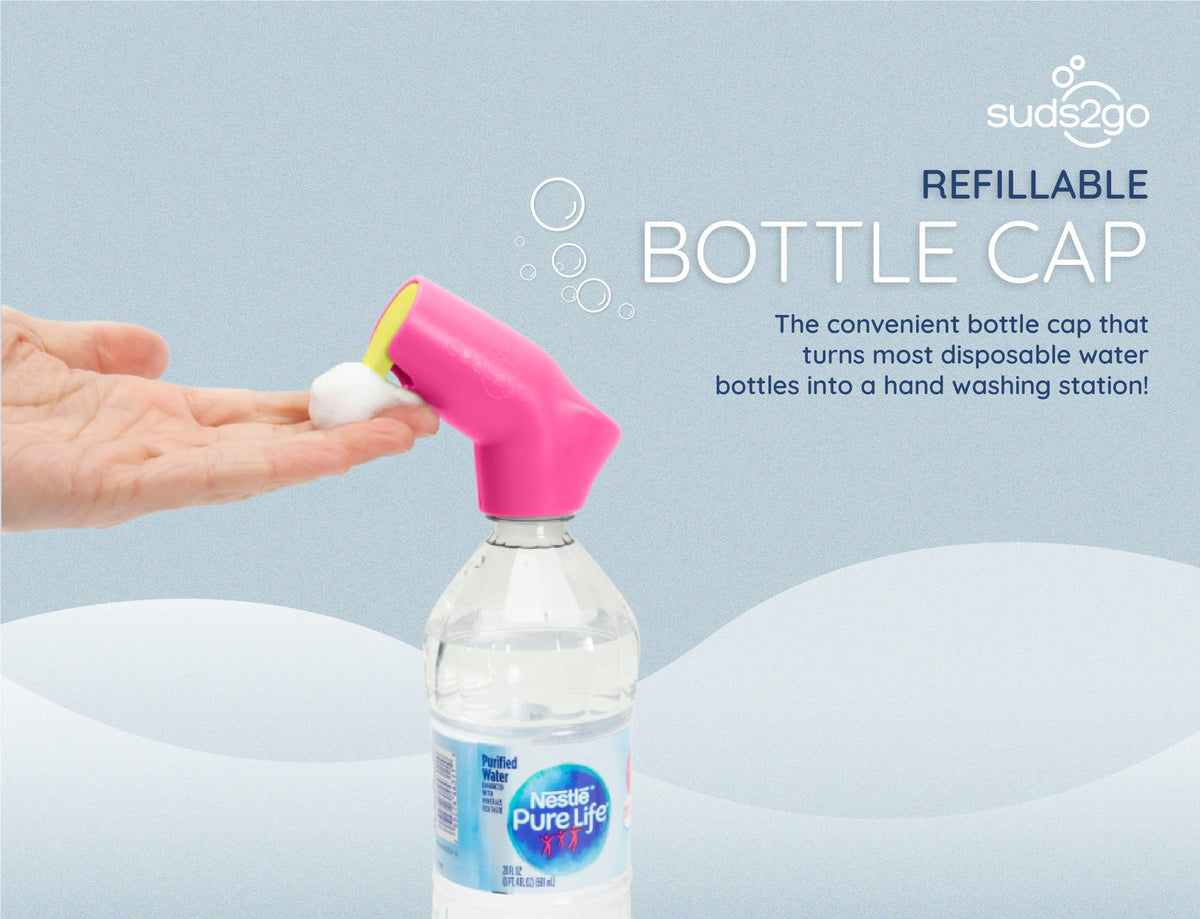 Suds2Go Refillable Caps, 2 Pack - Universal Fit Turns Most Disposable Water Bottles Into A Hand Washing Station - Includes Refillable Soap Reservoir - Conveniently Sized to Take on The Go