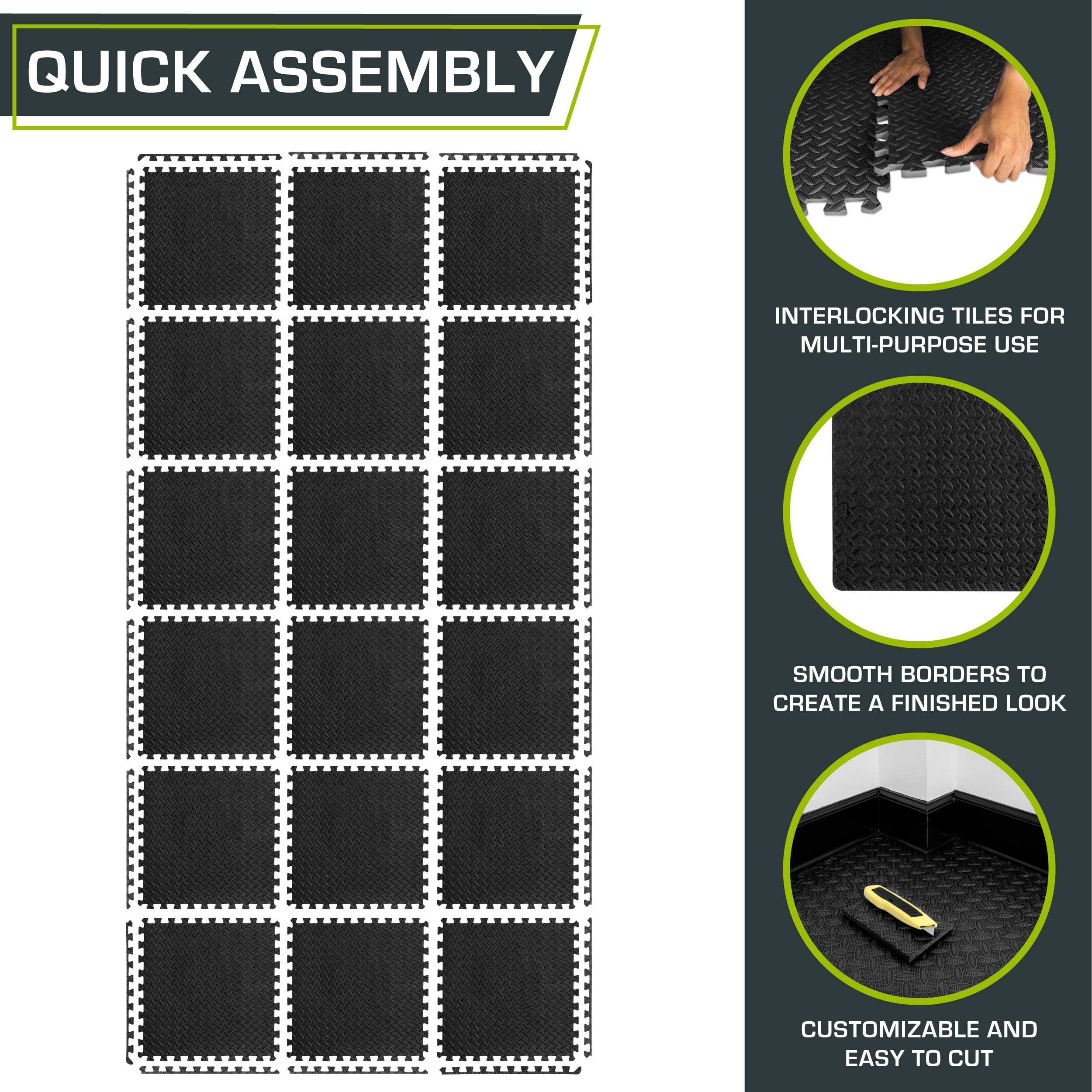 ProsourceFit Exercise Puzzle Mat ½-inch, EVA Interlocking Foam Floor Tiles for Home Gym, Workout Equipment, Kids Play Areas, Black, 48 SQ FT - 12 Tiles