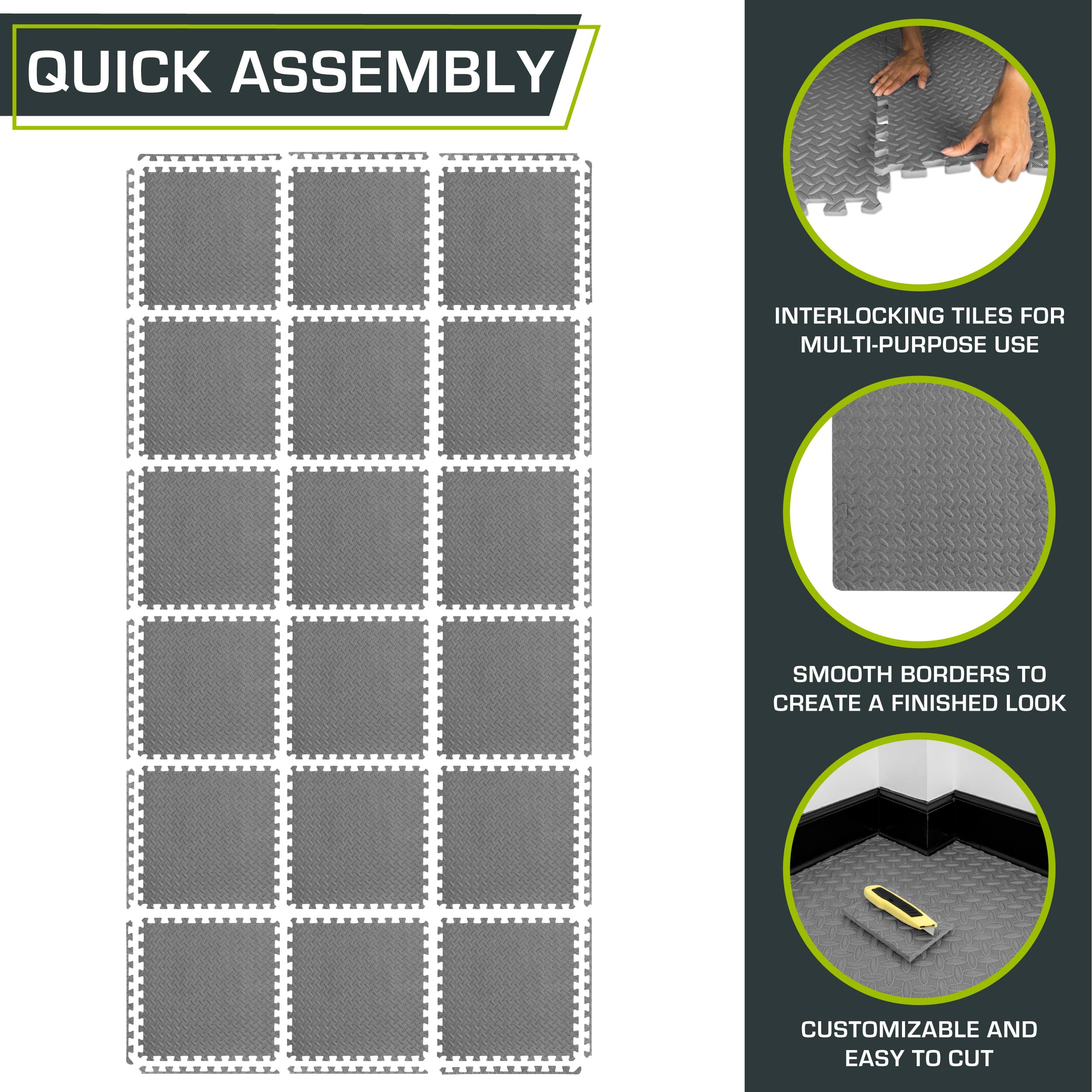 ProsourceFit Exercise Puzzle Mat ½-inch, EVA Interlocking Foam Floor Tiles for Home Gym, Workout Equipment, Kids Play Areas, Black, 48 SQ FT - 12 Tiles