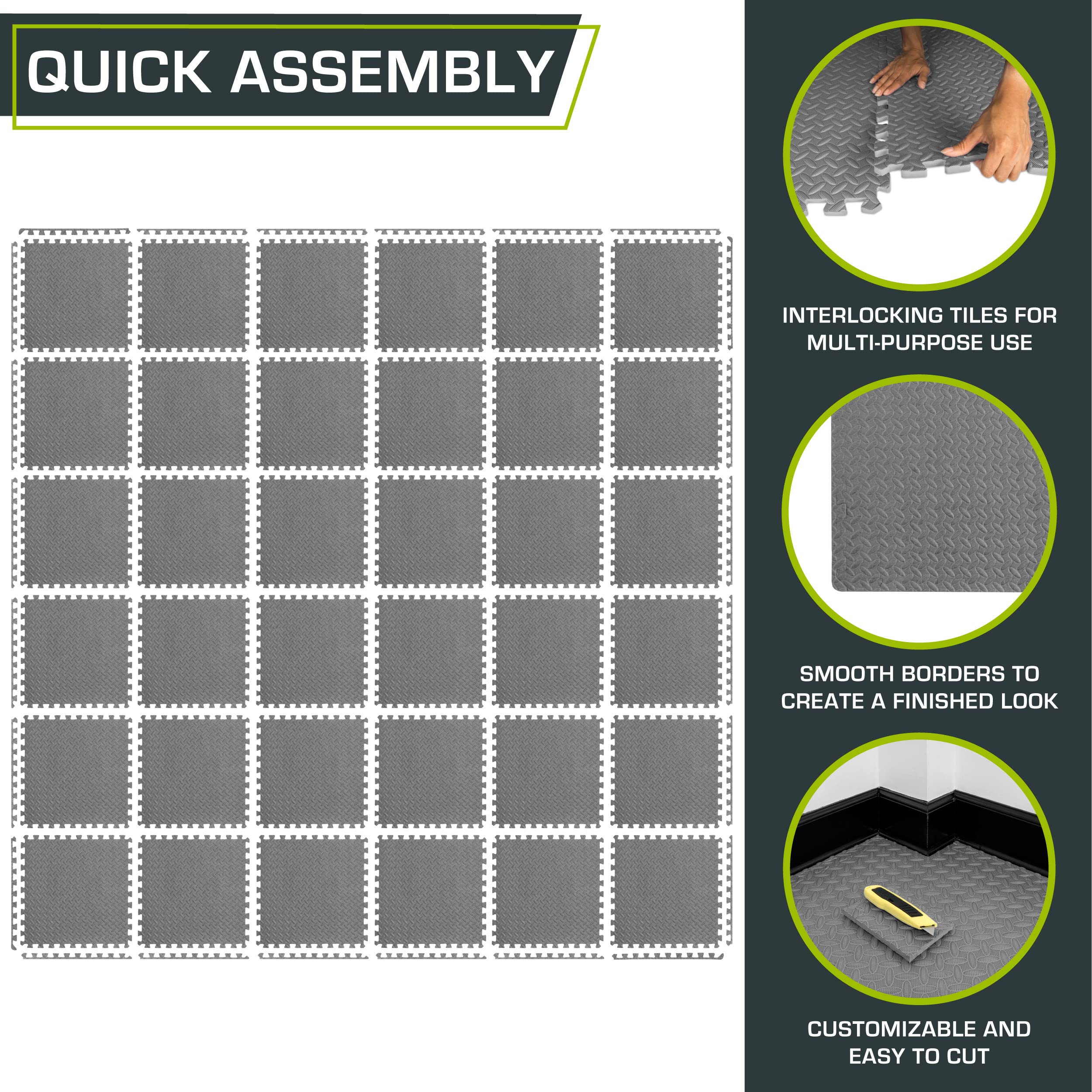 ProsourceFit Exercise Puzzle Mat ½-inch, EVA Interlocking Foam Floor Tiles for Home Gym, Workout Equipment, Kids Play Areas, Black, 48 SQ FT - 12 Tiles