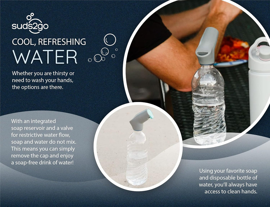 Suds2Go Refillable Caps, 2 Pack - Universal Fit Turns Most Disposable Water Bottles Into A Hand Washing Station - Includes Refillable Soap Reservoir - Conveniently Sized to Take on The Go