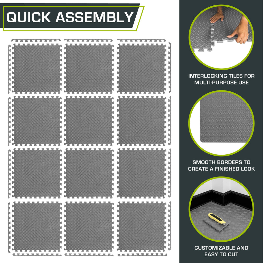 ProsourceFit Exercise Puzzle Mat ½-inch, EVA Interlocking Foam Floor Tiles for Home Gym, Workout Equipment, Kids Play Areas, Black, 48 SQ FT - 12 Tiles